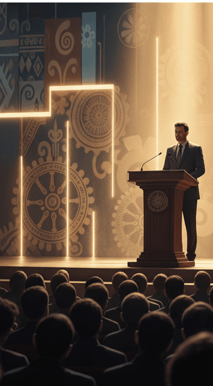 Dynamic image of a leader presenting to an engaged audience in a modern setting.